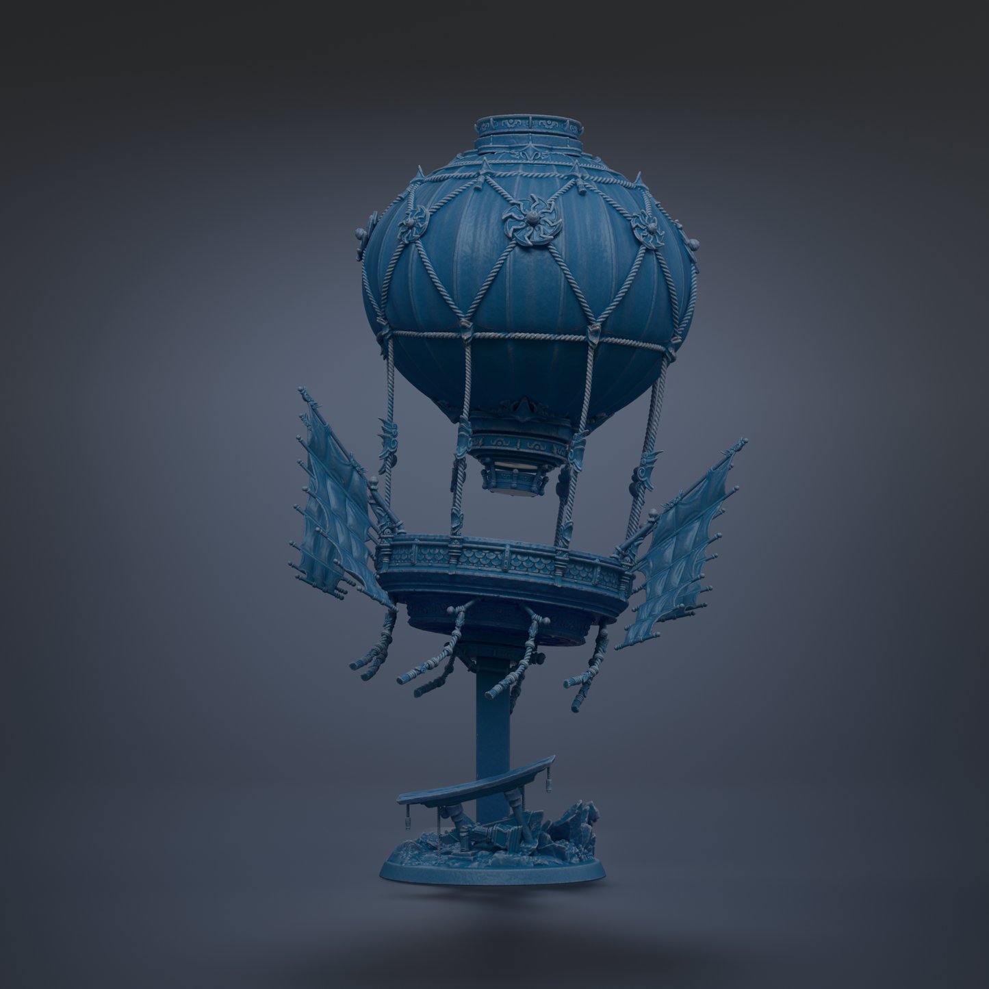 A blue, spherical hot air balloon with intricate designs and decorations, floating against a dark background.