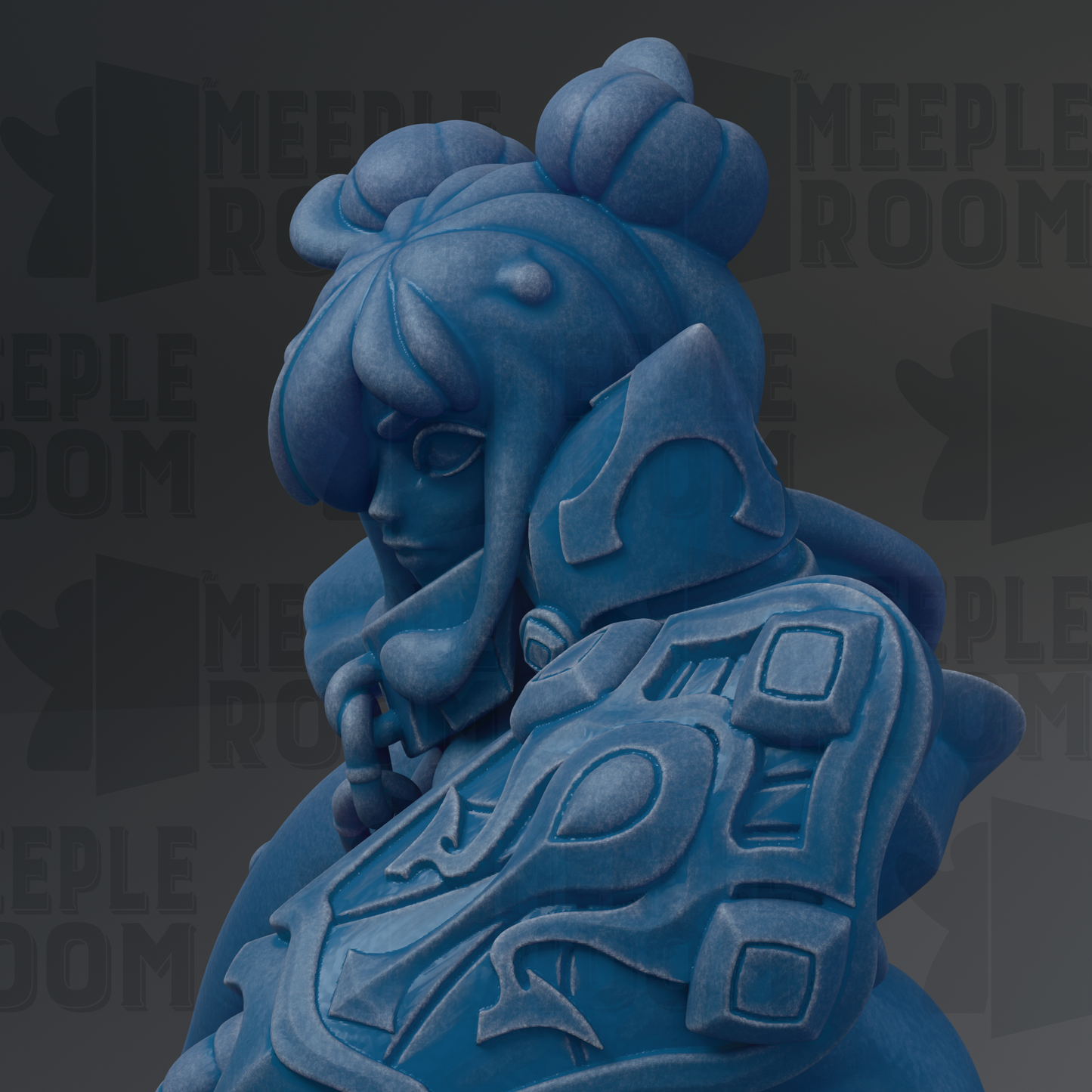 A close-up of a blue, sculpted figure with intricate details and a stylized design.