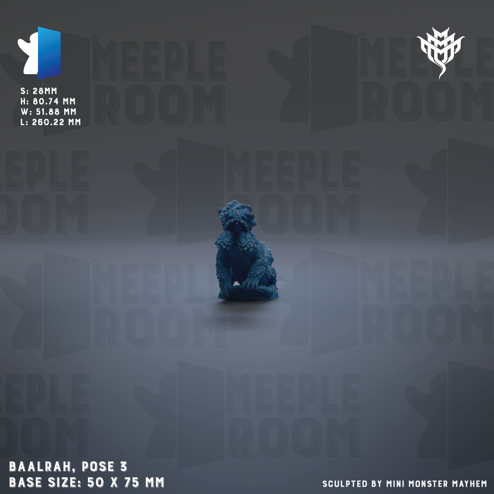 The image is a 3D rendering of a small blue figurine, likely a character or sculpture, positioned in the center of the frame. The background is a dark gray color, and the image contains text that provides information about the figurine, such as its size, dimensions, and the artist who created it. The image is a collage of multiple smaller images, and it is described as a "MINI MONSTER MAYHEM" sculpture.