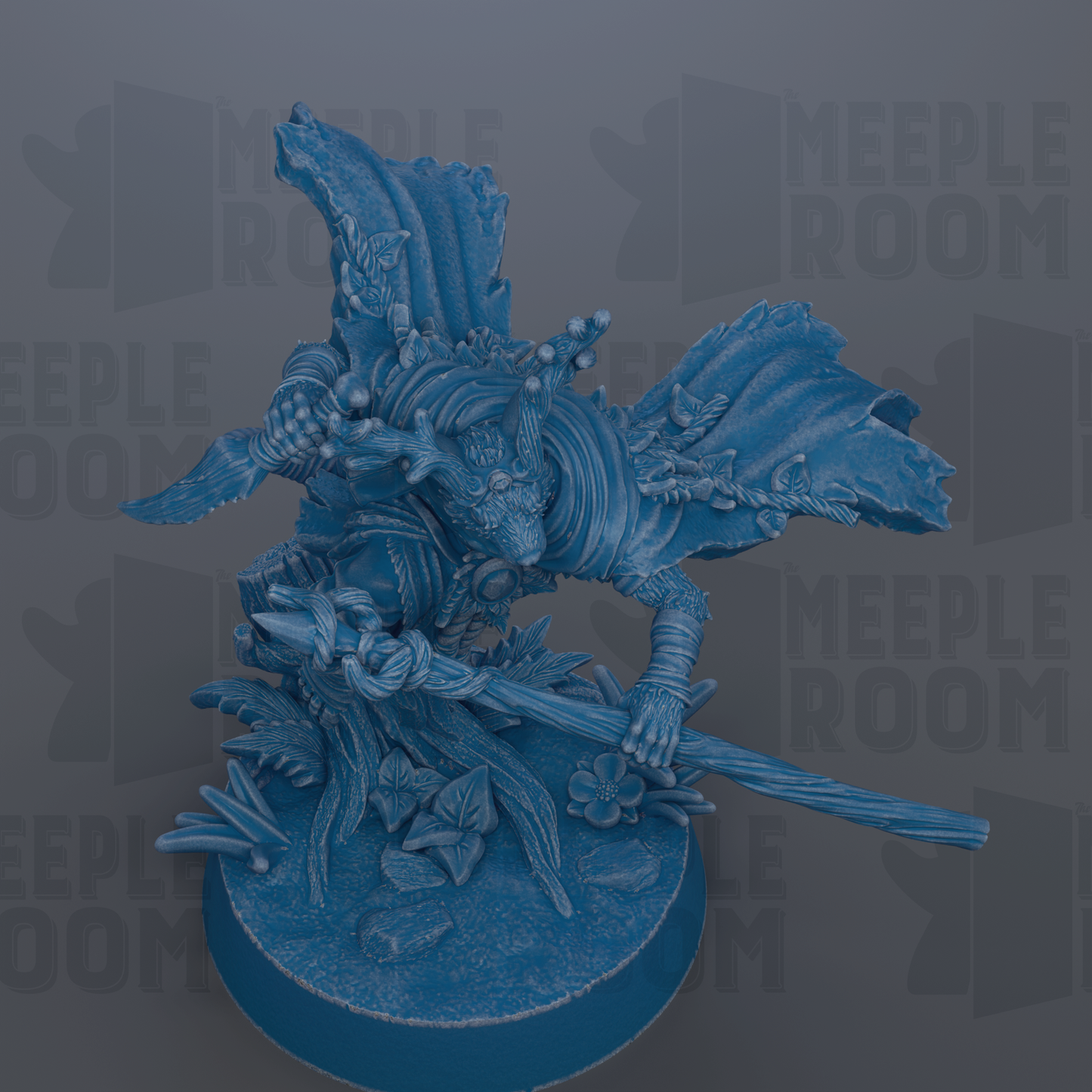 A blue, 3D-rendered fantasy creature with wings and a staff, standing on a base with various natural elements.