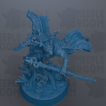 A blue, 3D-rendered fantasy creature with wings and a staff, standing on a base with various natural elements.