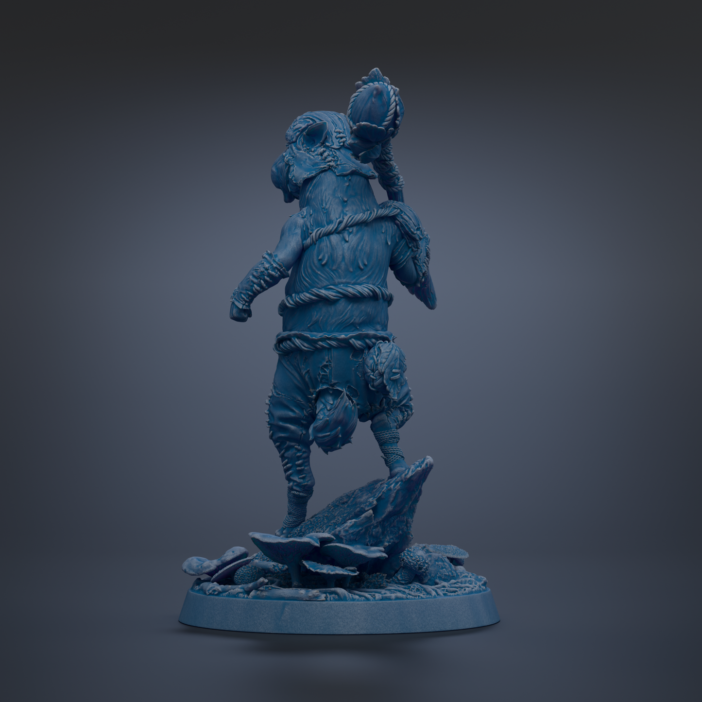 A blue, 3D-rendered statue of a fantastical creature with a large head and a smaller body, standing on a rock formation.