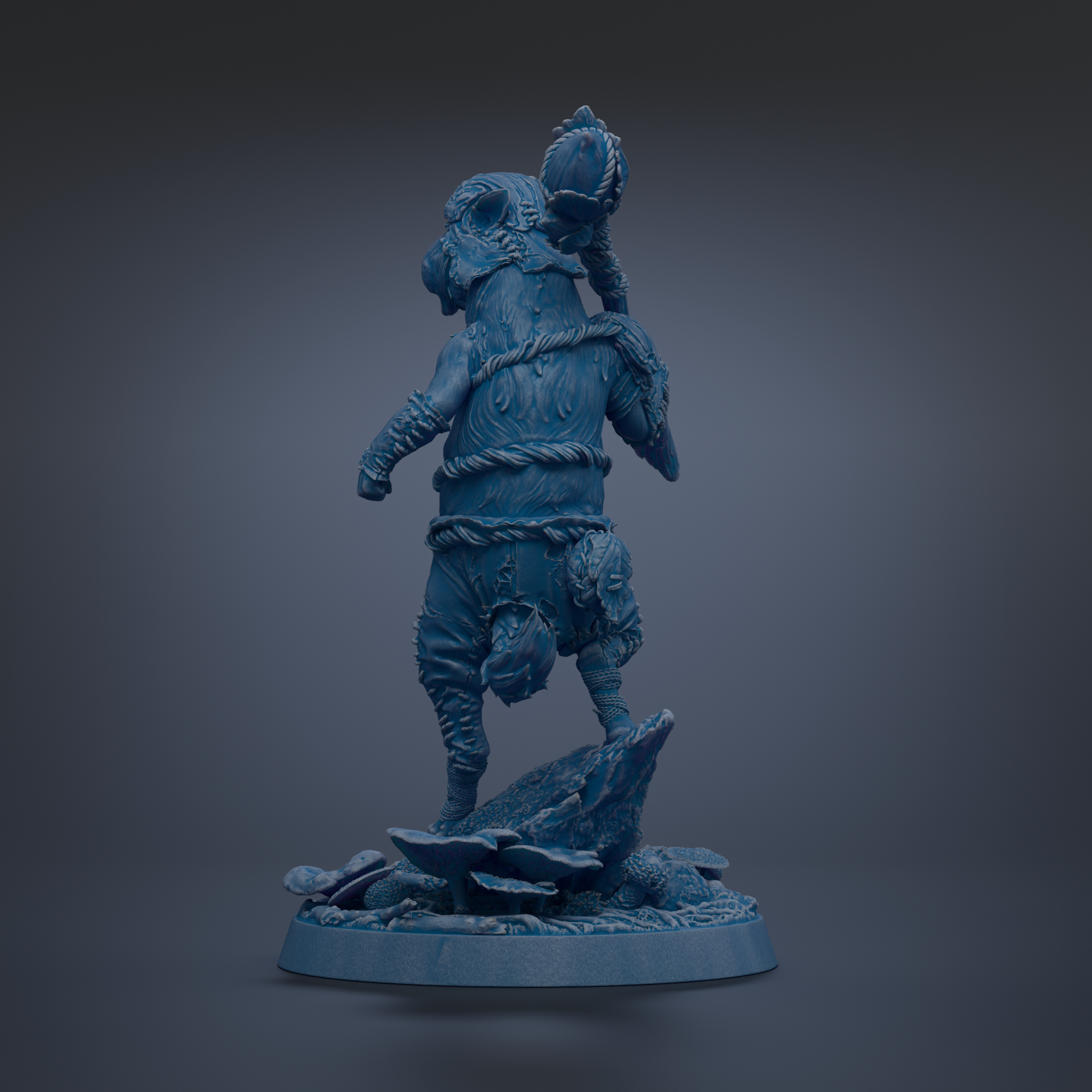 A blue, 3D-rendered statue of a fantastical creature with a large head and a smaller body, standing on a rock formation.
