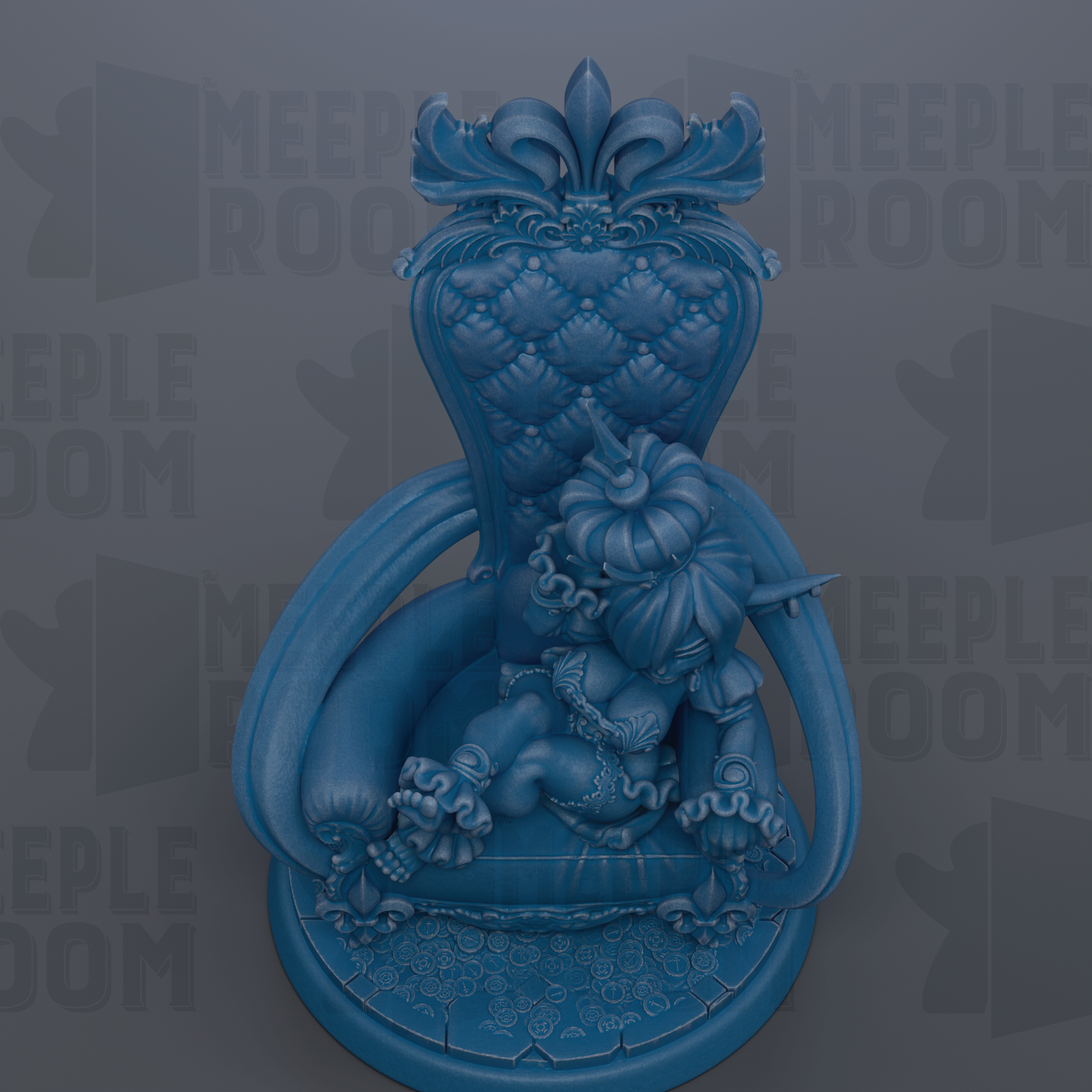 A blue, ornate chair with a decorative headpiece, possibly a throne or throne-like structure.