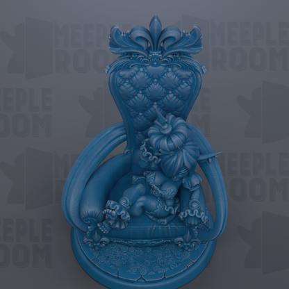 A blue, ornate chair with a decorative headpiece, possibly a throne or throne-like structure.