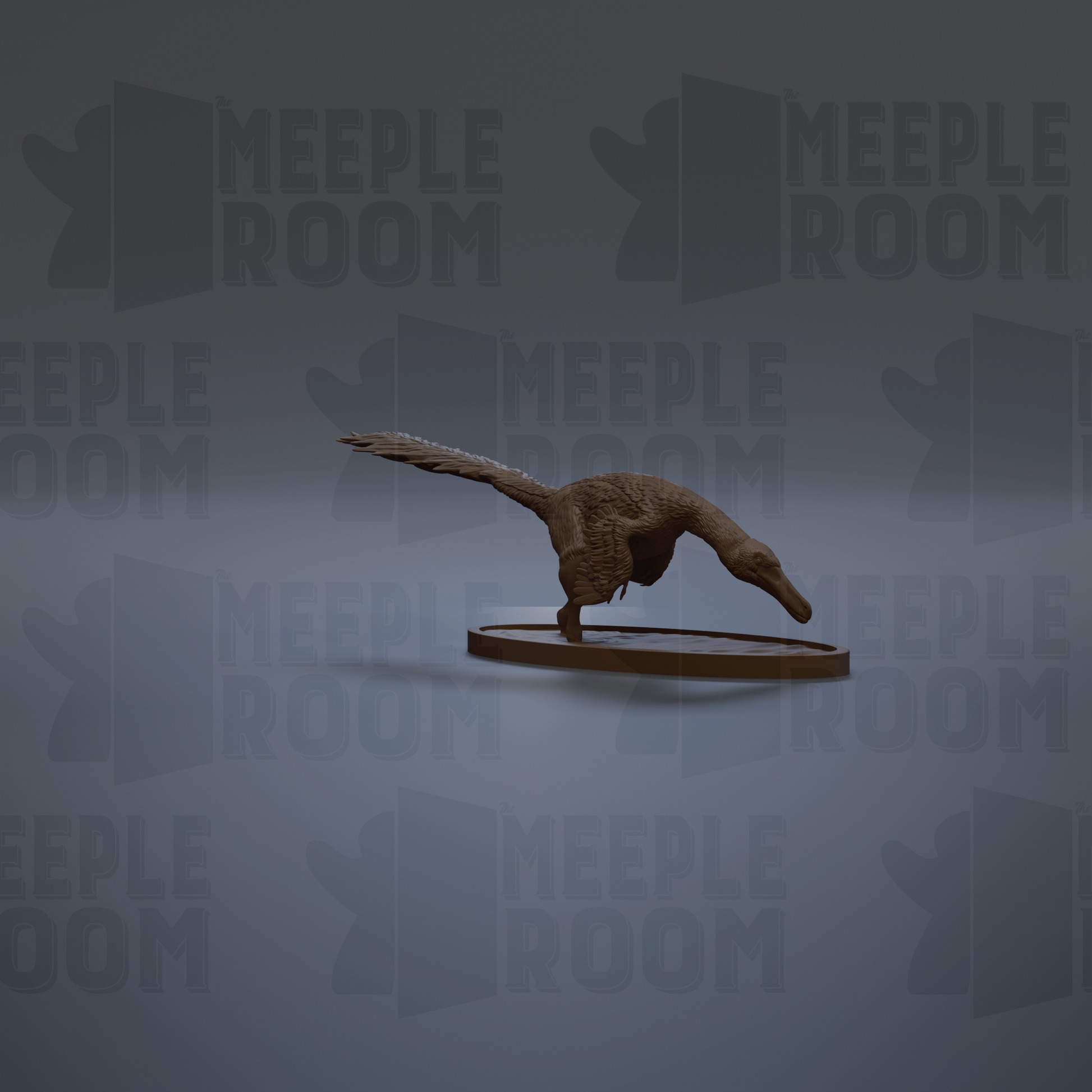 A 3D rendering of a bird-like creature with a long beak and tail, standing on a circular platform against a dark background with repeated text.