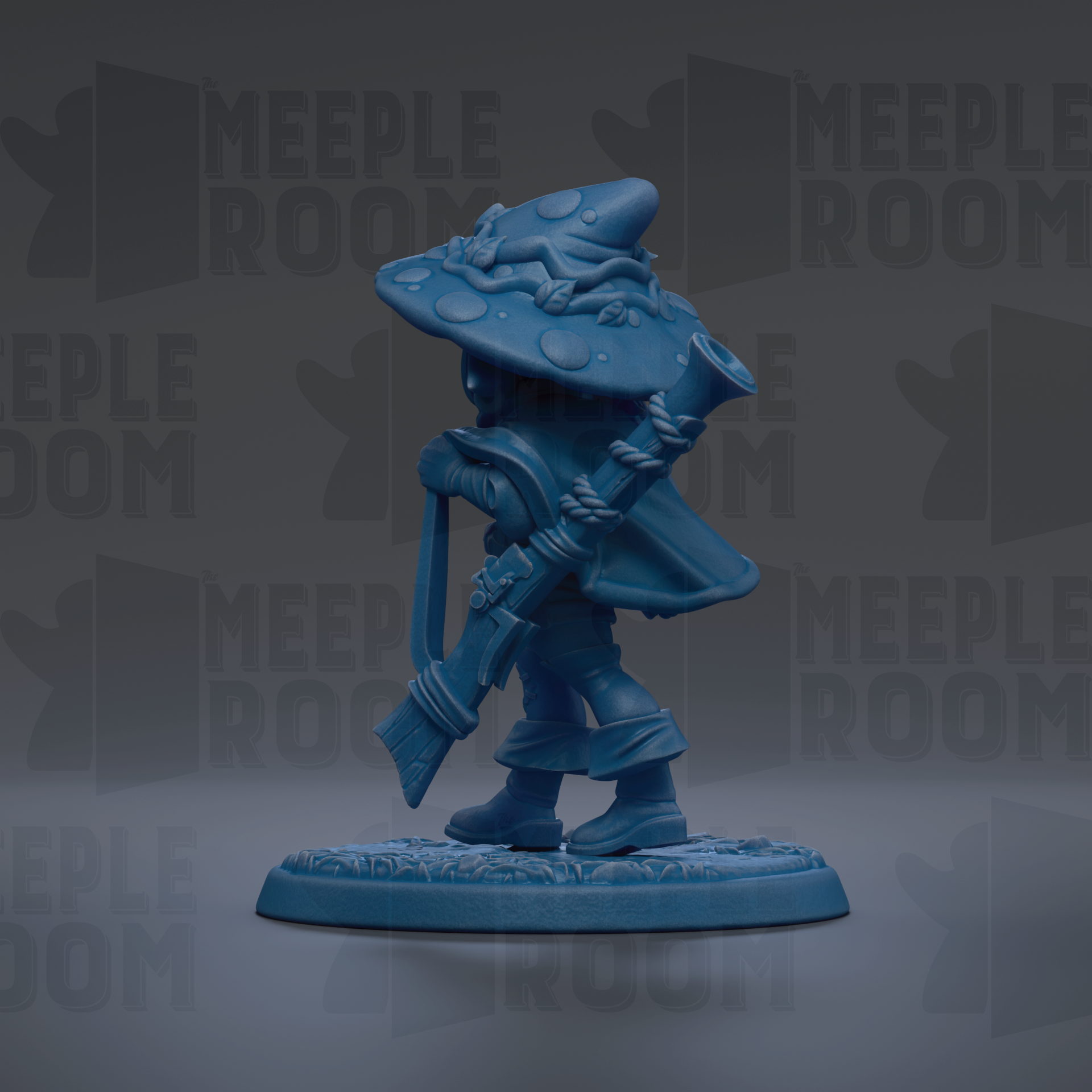 A blue figurine of a person wearing a hat with a mushroom-like design, holding a pipe and standing on a base.