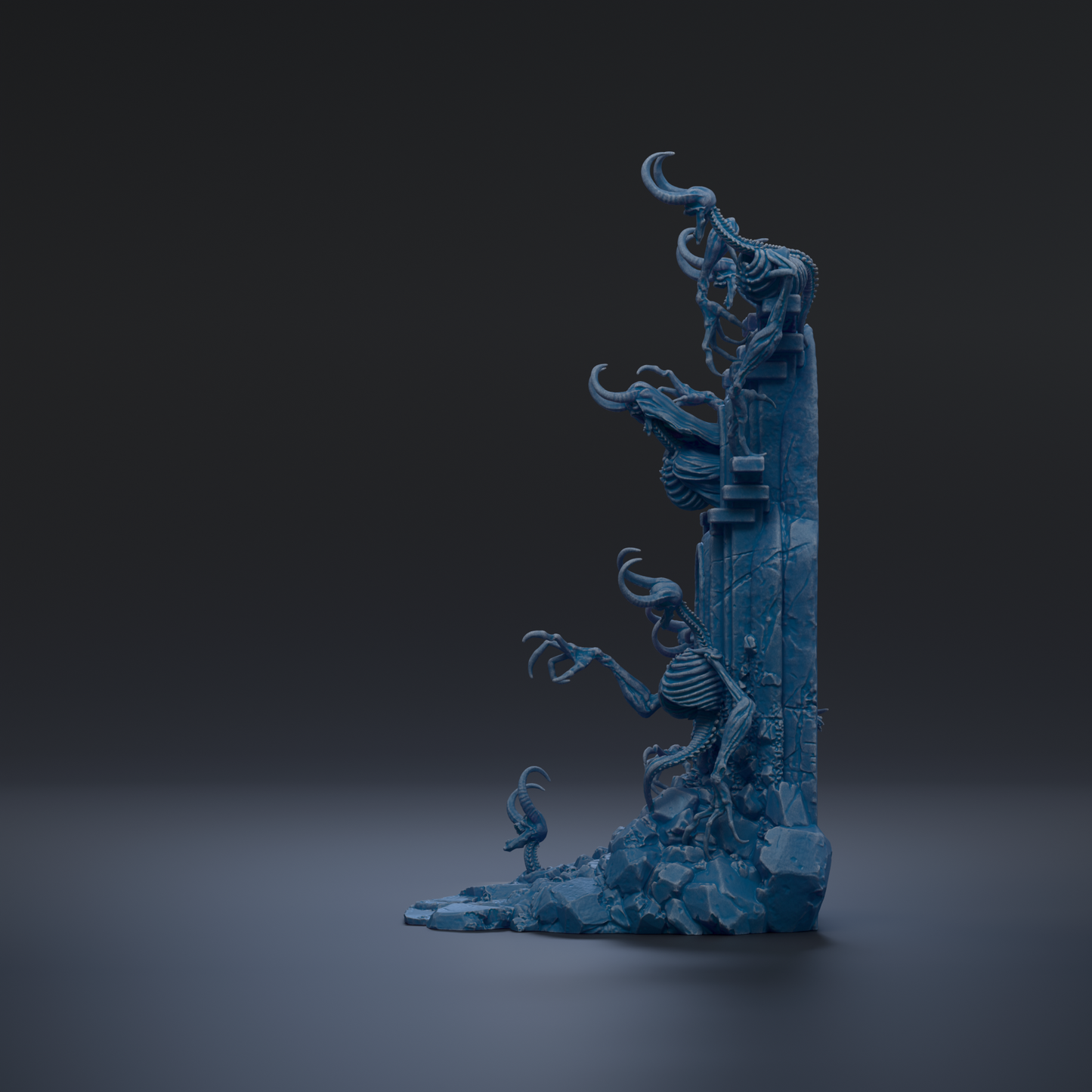 A dark, moody image featuring a dark, ominous-looking sculpture or statue with a skull-like design and a twisted, claw-like figure.