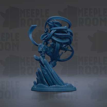 A blue, abstract sculpture with a twisted, coiled shape and a dynamic pose, set against a dark background with repeated text.