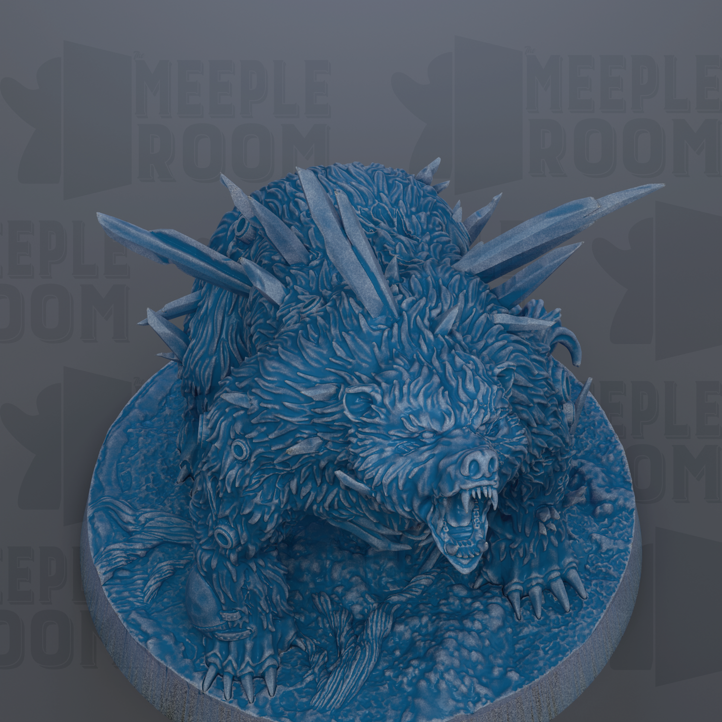 A detailed 3D rendering of a fierce-looking bear with sharp teeth and claws, standing on a platform with spikes protruding from its body.