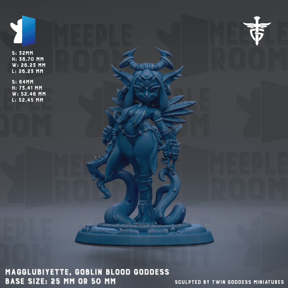 a figurine of a female character with horns and a blue body, standing on a base. The figurine appears to be a fantasy character, possibly a deity or a magical being. The figurine is described as being "Magglubiyette, Goblin Blood Goddess" and is shown in a base size of 25mm or 50mm. The image is a collage of multiple images, and the phrase "The image depicts" is not used.