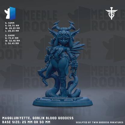 a figurine of a female character with horns and a blue body, standing on a base. The figurine appears to be a fantasy character, possibly a deity or a magical being. The figurine is described as being "Magglubiyette, Goblin Blood Goddess" and is shown in a base size of 25mm or 50mm. The image is a collage of multiple images, and the phrase "The image depicts" is not used.