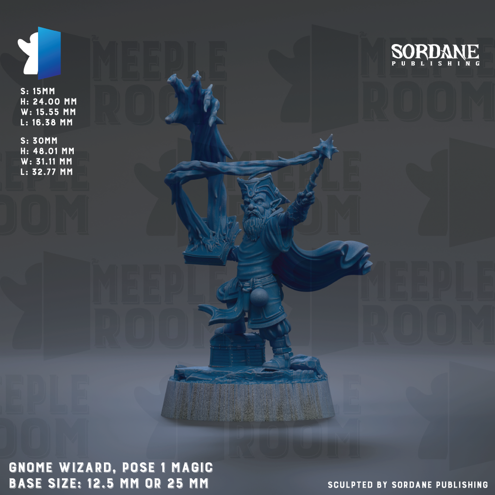 a blue figurine of a wizard, with the text "SORDANE PUBLISHING" and "MEEPLE ROOM" visible. The base size of the figurine is either 12.5 mm or 25 mm.