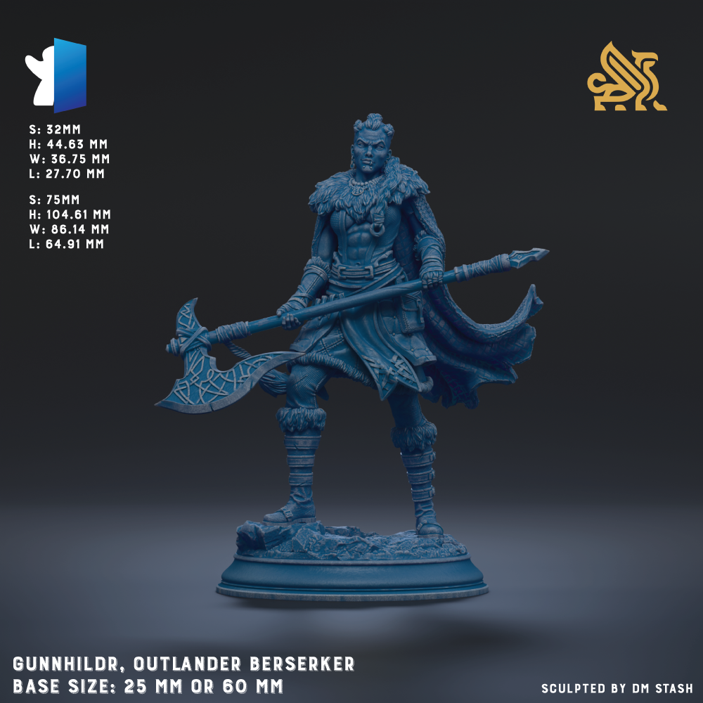 a blue warrior figure holding a large weapon, possibly a sword or spear, standing on a pedestal. The figure is wearing a long beard and a crown, and the background is dark, creating a dramatic effect. The image is a 3D rendering of a warrior figure, and the base size is either 25mm or 60mm. The image is a sculpture of a warrior, and it is created by a person named DM Stash.