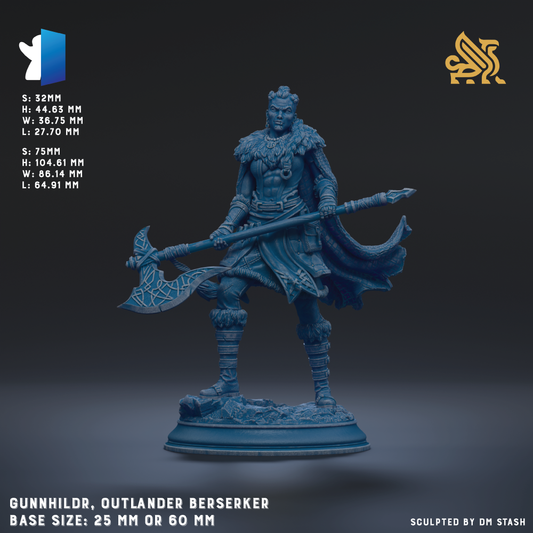 a blue warrior figure holding a large weapon, possibly a sword or spear, standing on a pedestal. The figure is wearing a long beard and a crown, and the background is dark, creating a dramatic effect. The image is a 3D rendering of a warrior figure, and the base size is either 25mm or 60mm. The image is a sculpture of a warrior, and it is created by a person named DM Stash.