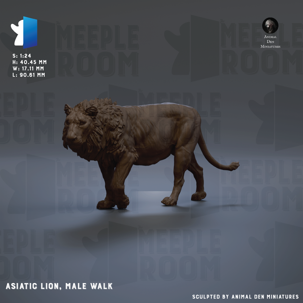 The image is a 3D model of a male lion, specifically a male asian lion, and it is shown in a male walk stance. The lion is depicted in a realistic manner, with a detailed and lifelike appearance. The background of the image is a dark gray color, which contrasts with the lion and makes it stand out. The image is a sculpture, and it is presented in a 3D format, allowing for a detailed view of the lion's features and posture.