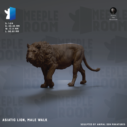 The image is a 3D model of a male lion, specifically a male asian lion, and it is shown in a male walk stance. The lion is depicted in a realistic manner, with a detailed and lifelike appearance. The background of the image is a dark gray color, which contrasts with the lion and makes it stand out. The image is a sculpture, and it is presented in a 3D format, allowing for a detailed view of the lion's features and posture.