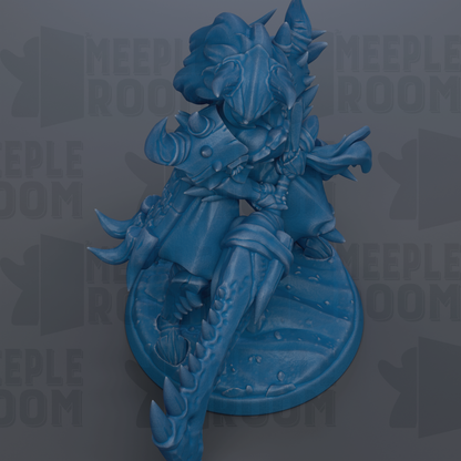 A blue, 3D-rendered figurine of a fantastical creature with sharp teeth and claws, set against a dark background with repeated text.