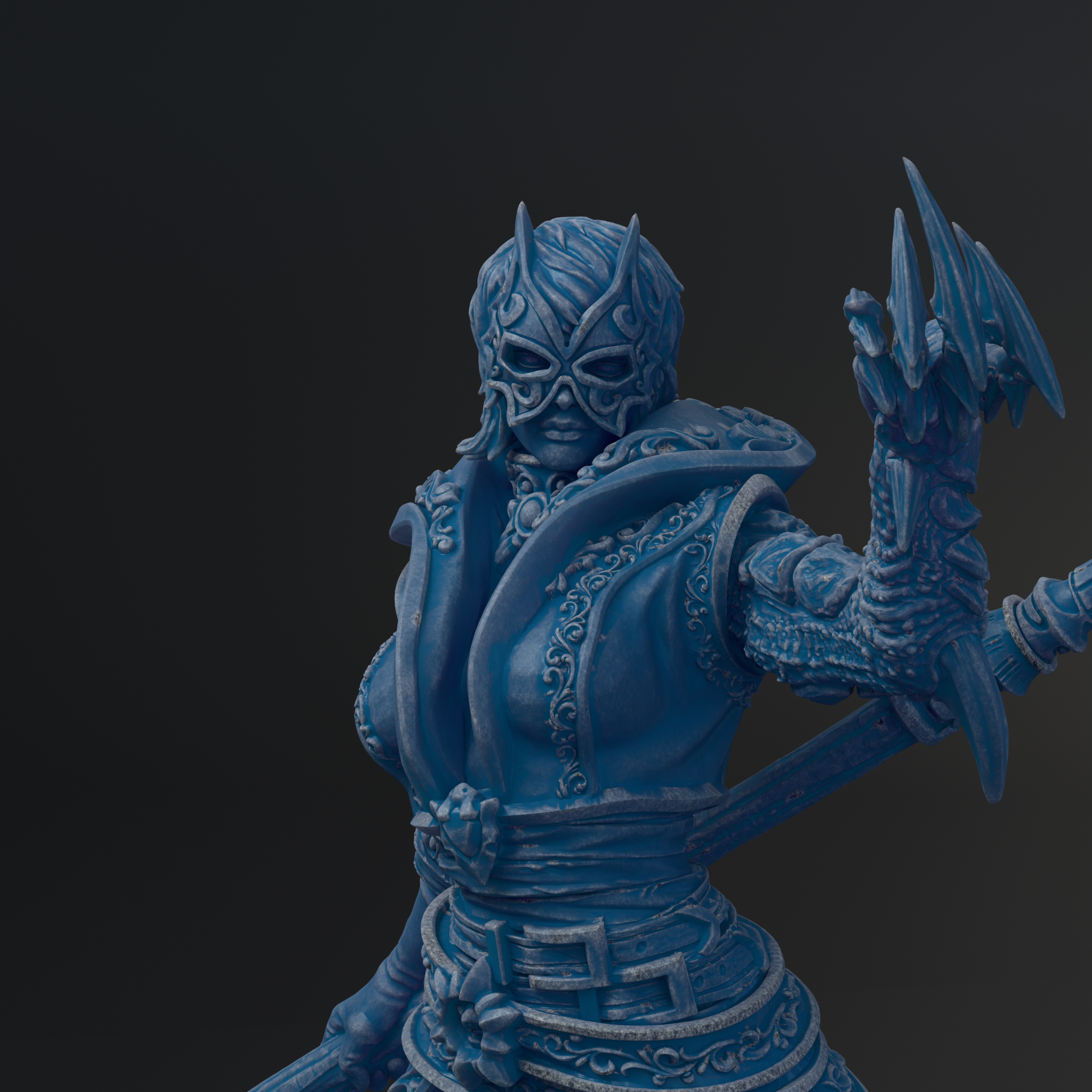 A blue, detailed statue of a warrior figure with ornate armor and a fierce expression, standing in a dark environment.