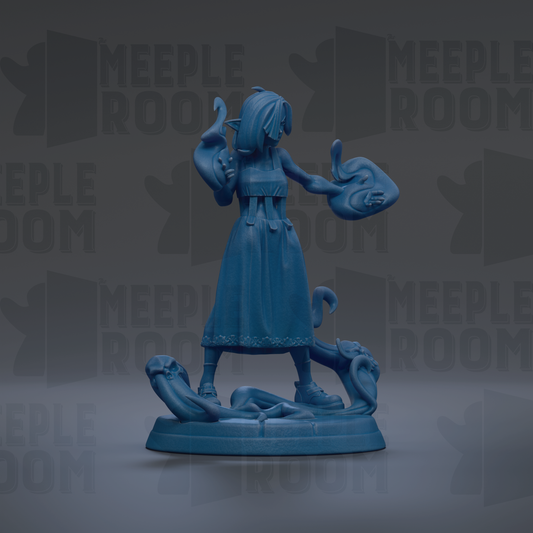 A blue figurine of a woman holding a fish and a snake, standing on a base.