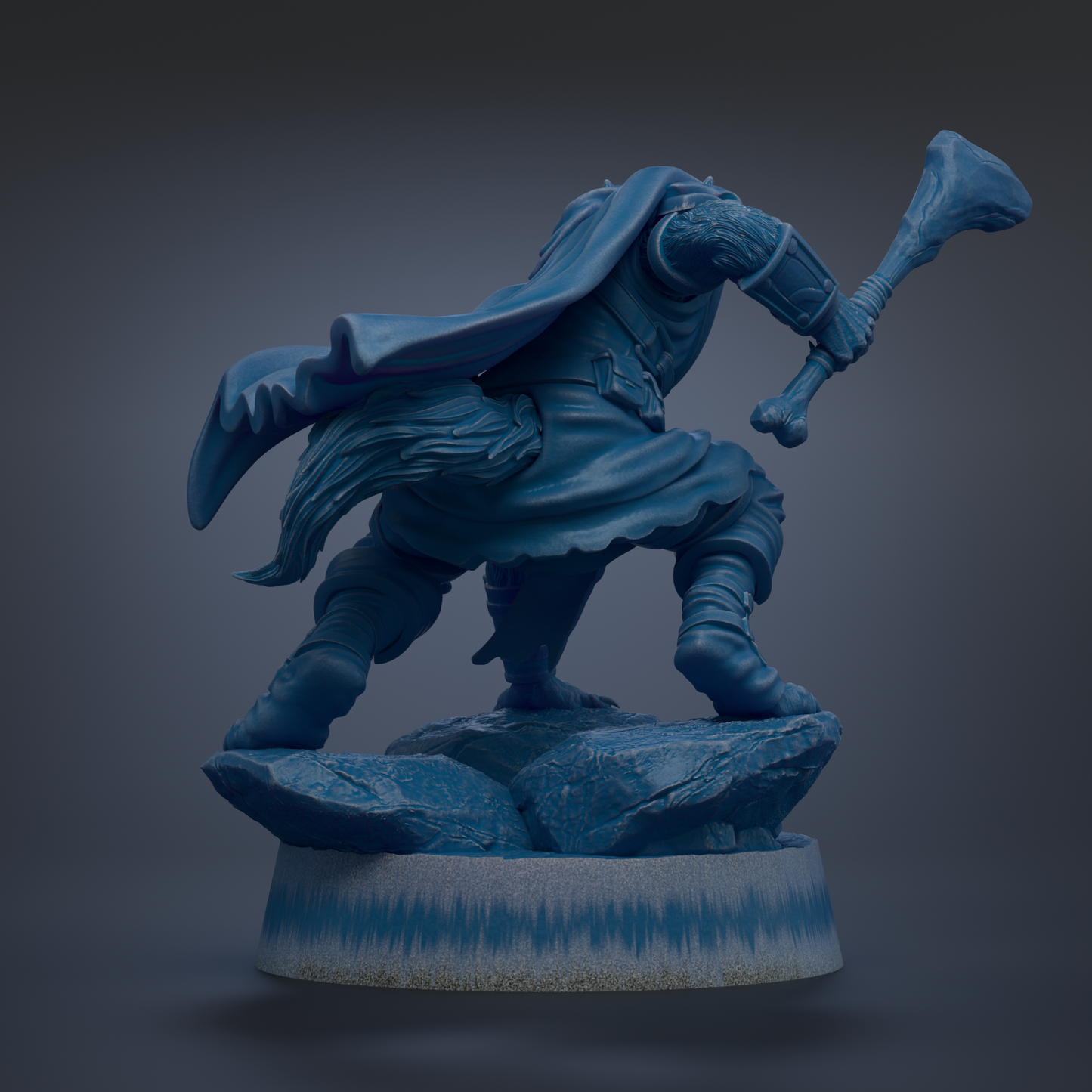 A blue statue of a warrior figure, holding a weapon and standing on a rock formation.