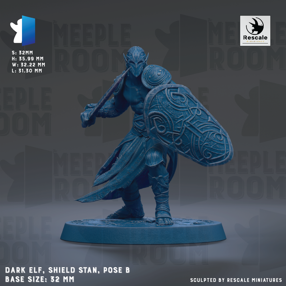 a detailed figurine of a dark elf, a shield-wielding warrior, posed on a base size of 32mm.