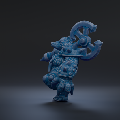 A blue, armored fantasy creature with a large weapon on its back stands on one leg against a dark background.