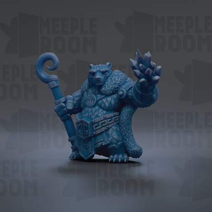 A blue, armored fantasy creature with a staff and a large claw, standing against a dark background with repeated text.