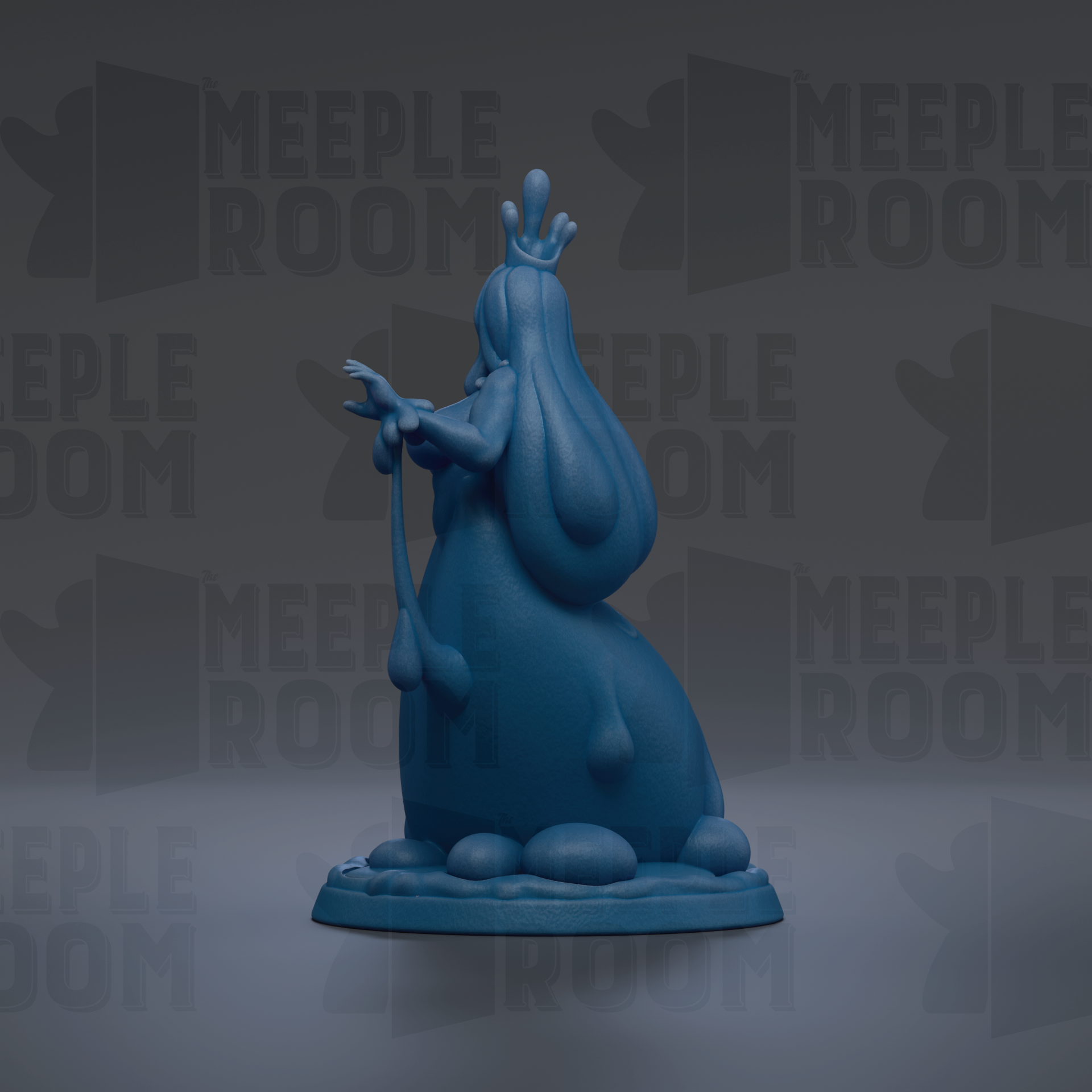 A blue figurine of a whimsical, elongated creature with a crown-like head stands on a base against a dark background with repeated text.