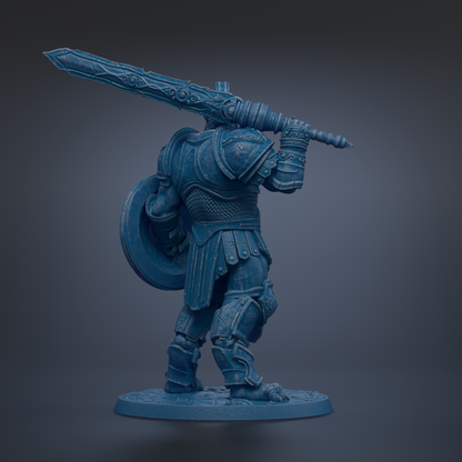 A blue armored warrior figure holding a large sword and shield stands in a dark environment.
