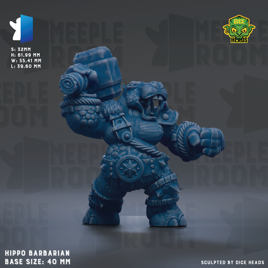 a large, blue, armored figure resembling a hippo or barbarian character. The figure is depicted in a dynamic fighting stance, with its arms raised and wielding a large hammer. The background is dark, providing a stark contrast to the figure and making it stand out prominently. The image is a collage of multiple images, and the focus is on the detailed and intricate design of the figure, rather than describing each individual element.