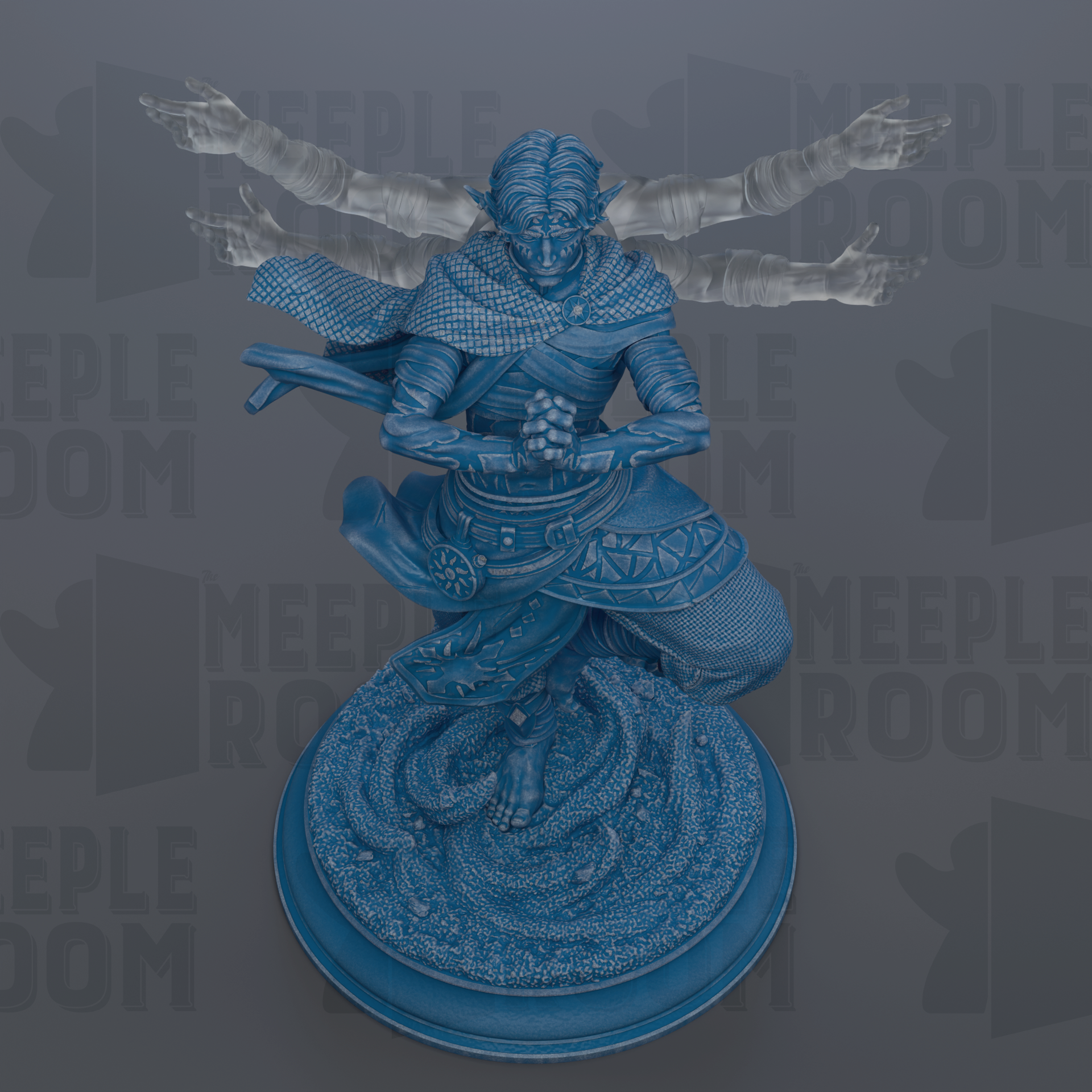 A blue statue of a figure with outstretched arms, standing on a base with a textured surface.