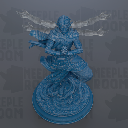 A blue statue of a figure with outstretched arms, standing on a base with a textured surface.