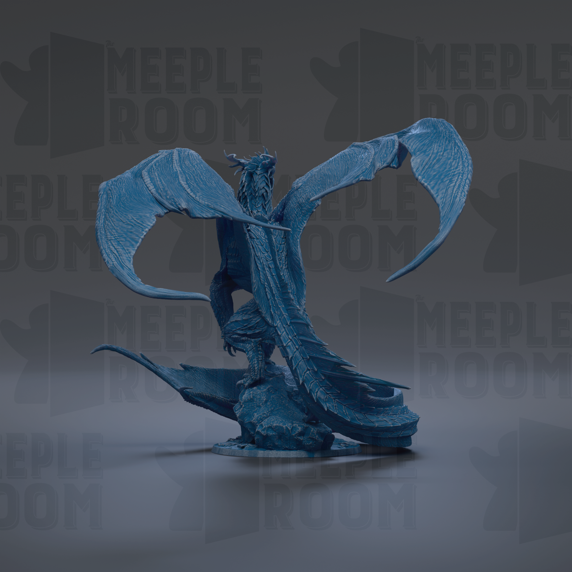 A blue dragon statue with outstretched wings, standing on a rock.