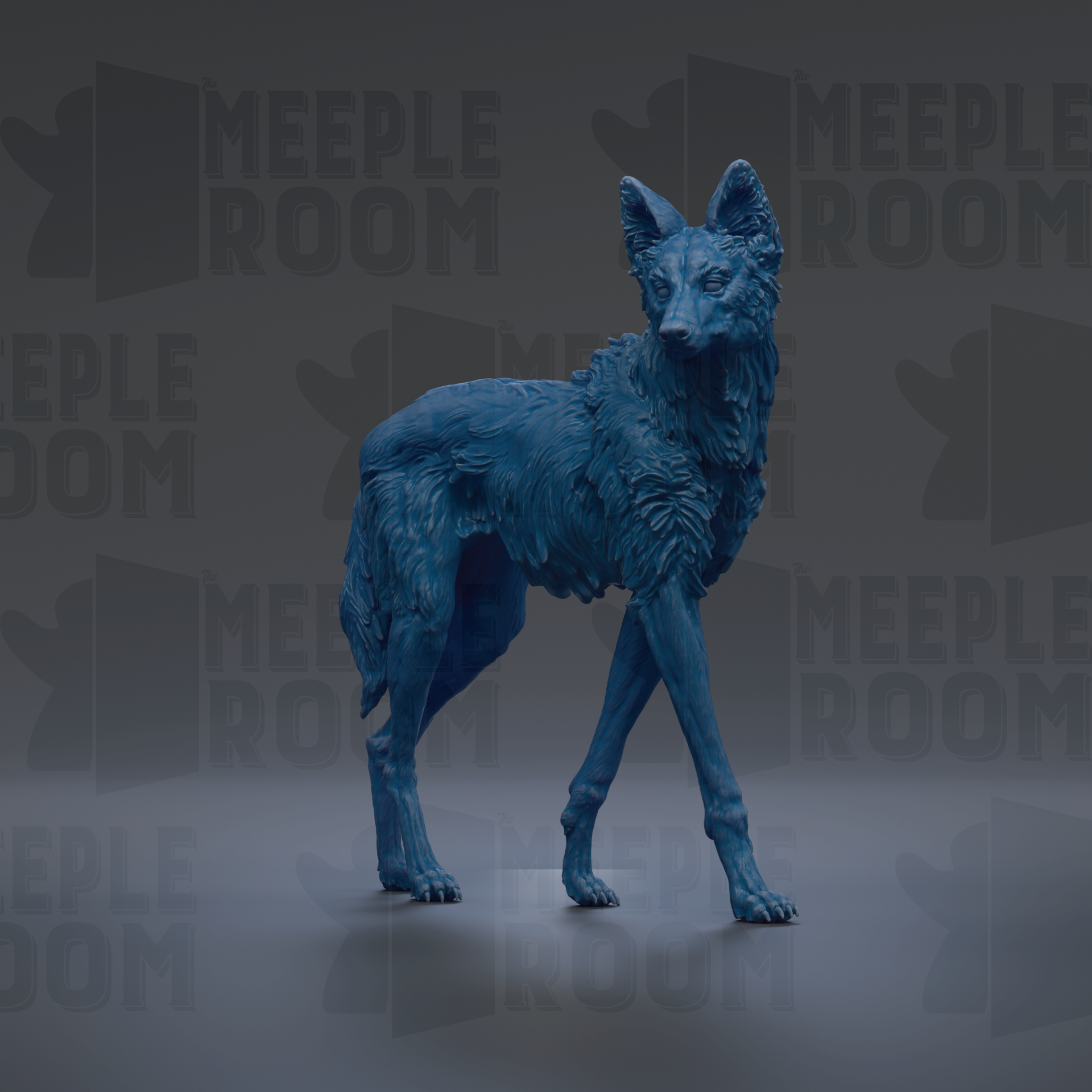 A blue, 3D-rendered wolf statue is standing on a gray surface against a dark background with repeated "MEIPLLE ROOM" text.