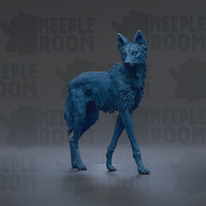 A blue, 3D-rendered wolf statue is standing on a gray surface against a dark background with repeated "MEIPLLE ROOM" text.