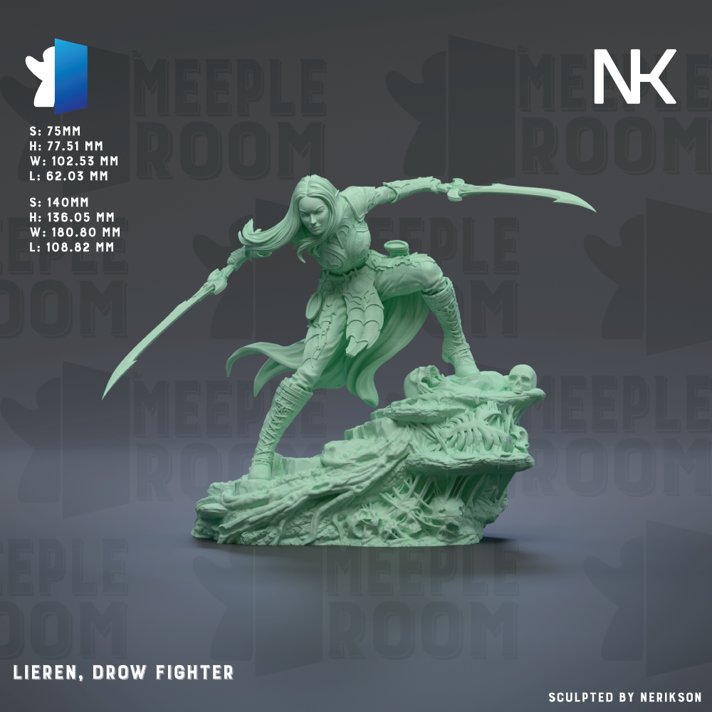 a figurine of a woman, specifically a drain fighter, with her arms raised and wielding a sword. The figurine is green and appears to be made of a material that resembles stone or metal. The background of the image is dark, which contrasts with the figurine and makes it stand out. The figurine is described as a "LIEREN, DRAW FIGHTER" and is "Sculpted by NERIKSON".