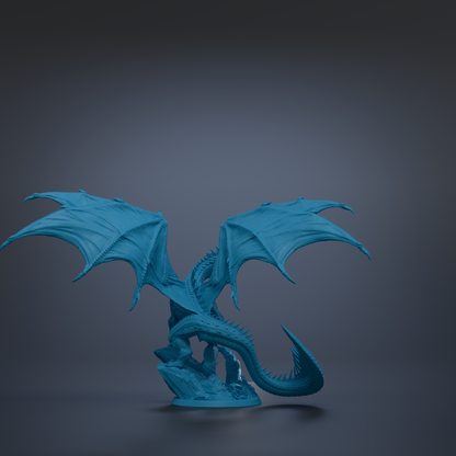 A blue dragon figurine with outstretched wings is the central focus of the image.