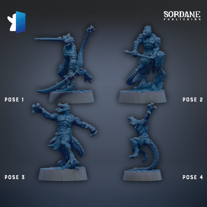 four figurines of fantastical creatures, each in a different pose, arranged in a grid-like pattern against a dark background.