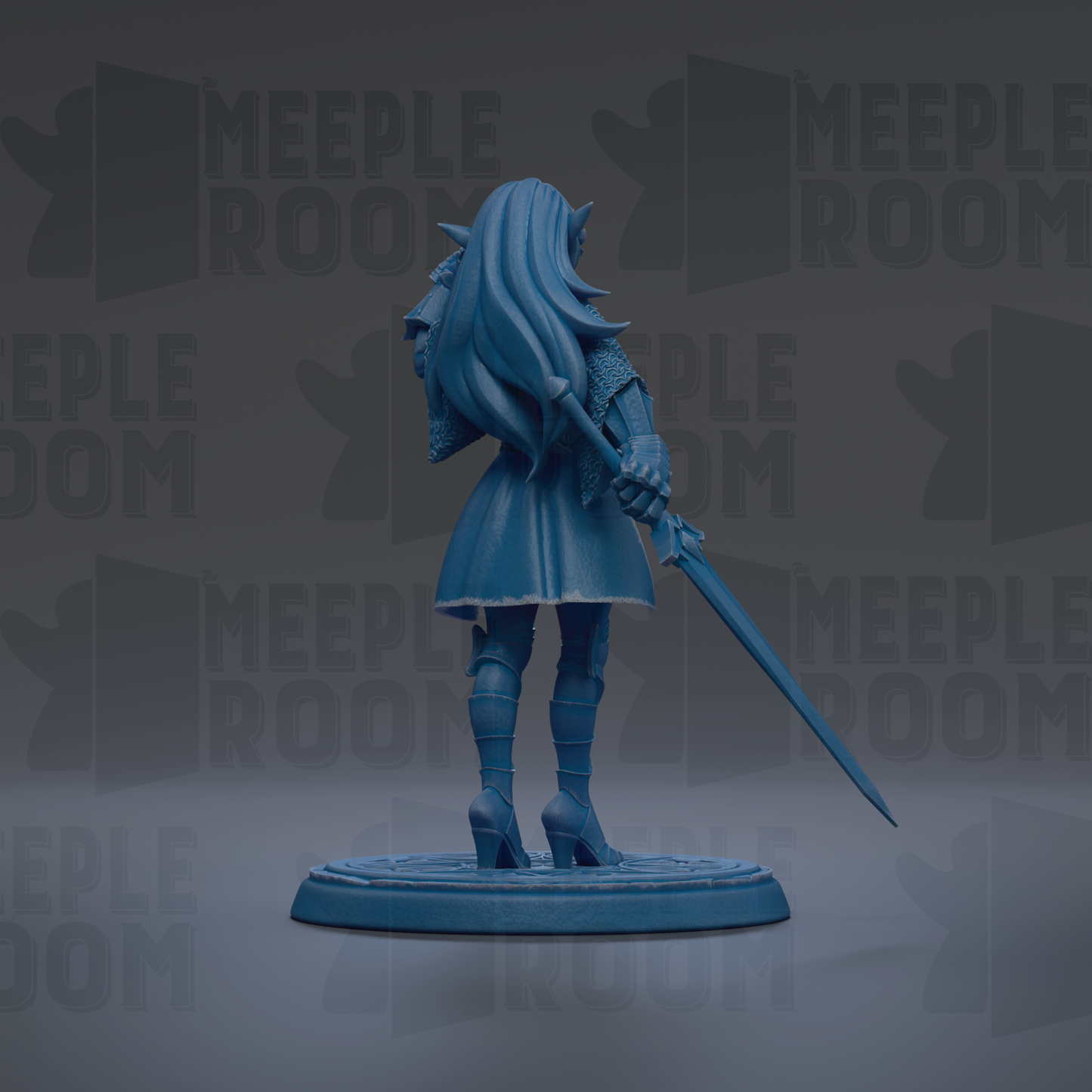 A blue figurine of a woman with long hair and a sword stands on a circular base against a dark background with repeated text.
