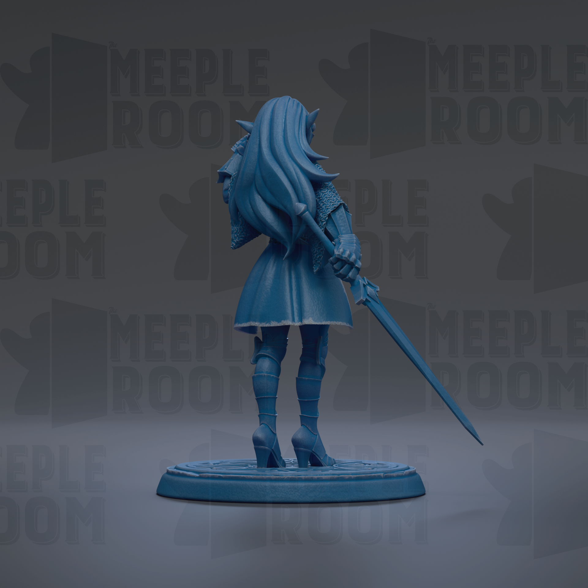A blue figurine of a woman with long hair and a sword stands on a circular base against a dark background with repeated text.