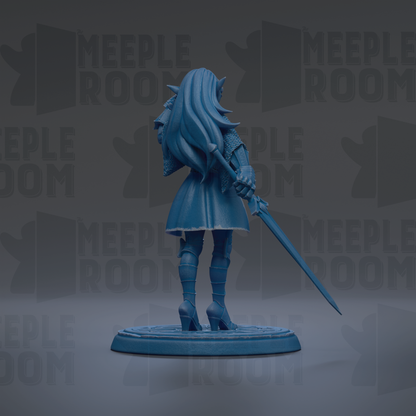 A blue figurine of a woman with long hair and a sword stands on a circular base against a dark background with repeated text.