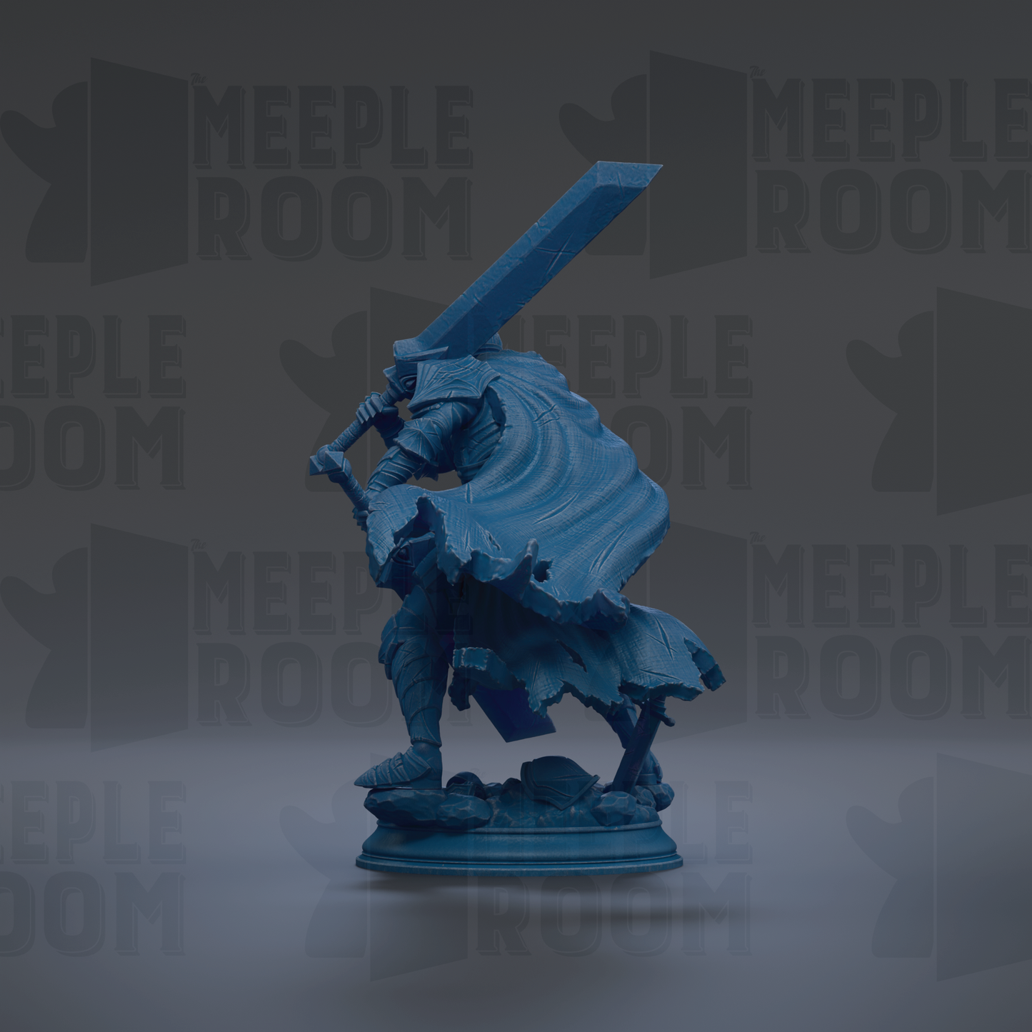 A blue statue of a warrior figure holding a sword and shield, standing on a pedestal.
