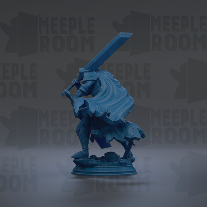 A blue statue of a warrior figure holding a sword and shield, standing on a pedestal.