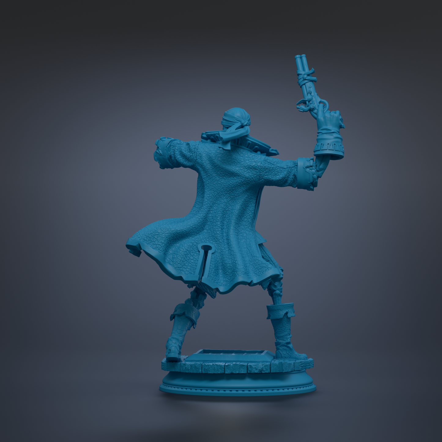 A blue statue of a person holding a gun and standing on a pedestal.