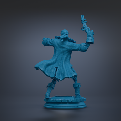 A blue statue of a person holding a gun and standing on a pedestal.