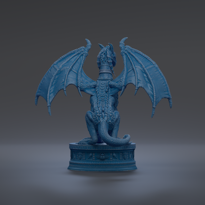 A blue dragon statue with wings spread, sitting on a pedestal.