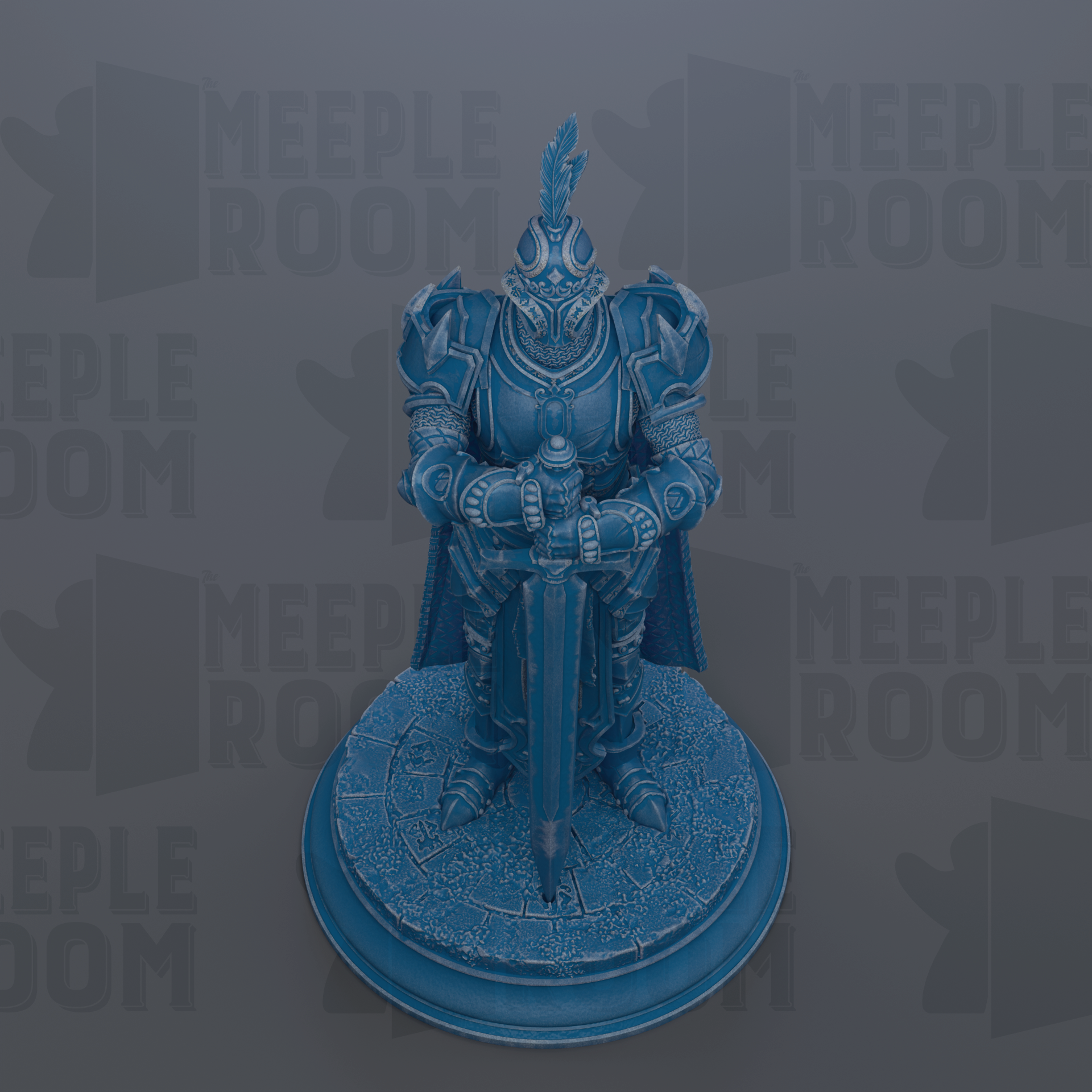 A blue armored knight statue with a plume on top, standing on a pedestal.