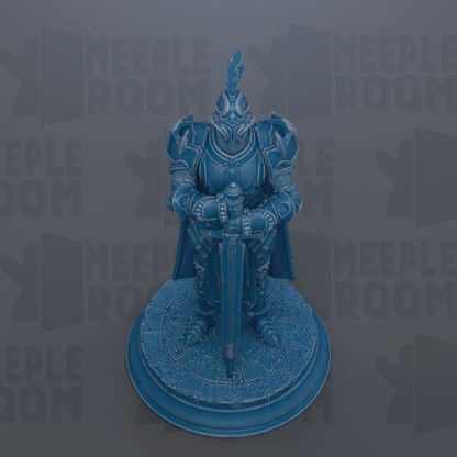 A blue armored knight statue with a plume on top, standing on a pedestal.
