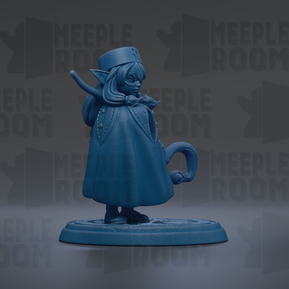 A blue figurine of a person with a hat and a long coat, standing on a platform and holding a cane.